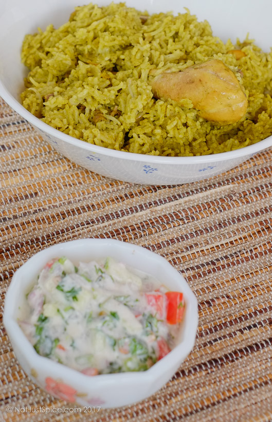 Chicken Green Pulao with Curd Pachadi on notjustspice.com
