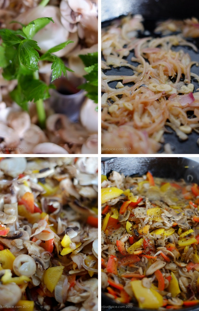 Garlicky Mushroom Cheese Galettes with Caramelised Onions and Peppers on notjustspice.com