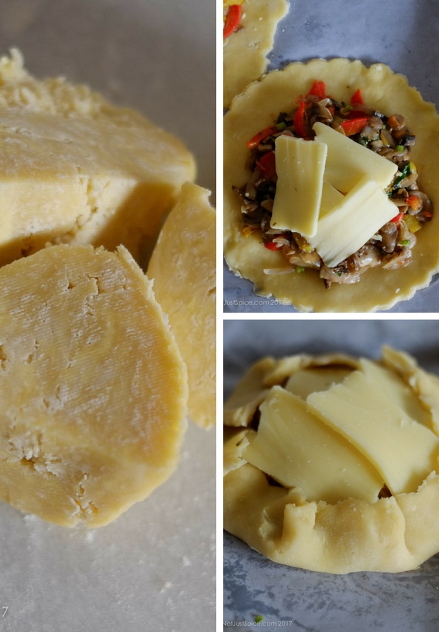Garlicky Mushroom Cheese Galettes with Caramelised Onions and Peppers on notjustspice.com