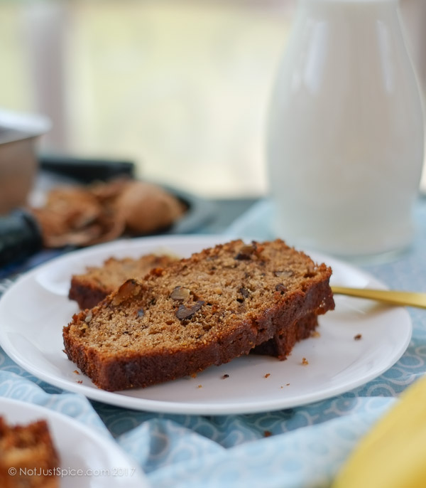 Scrummy Moist Classic Banana Walnut Loaf on notjustspice.com