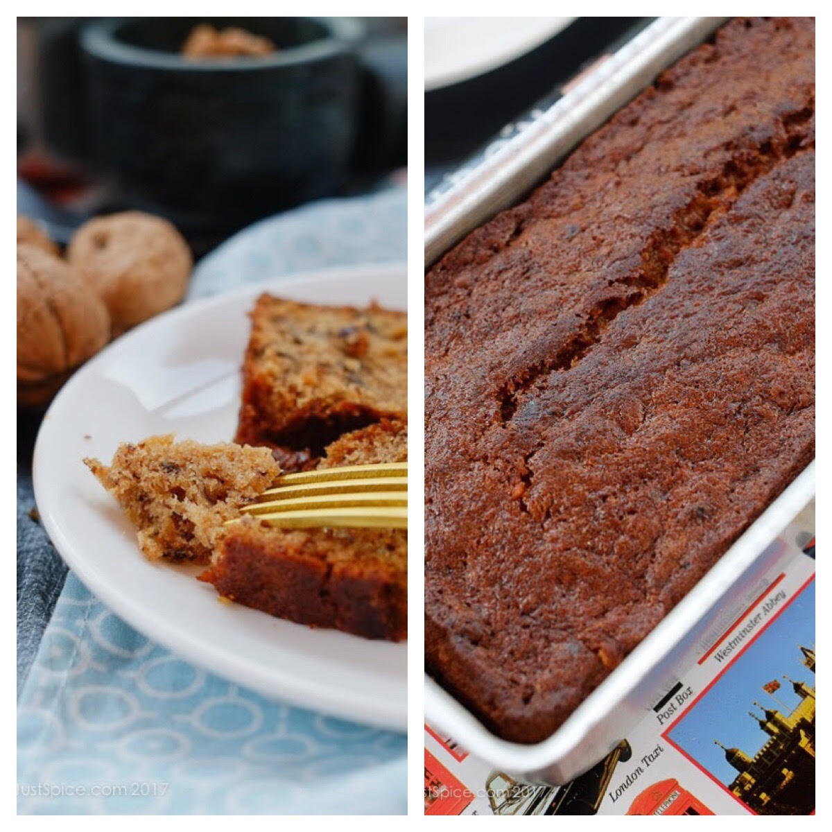 Scrummy Moist Classic Banana Walnut Loaf on notjustspice.com