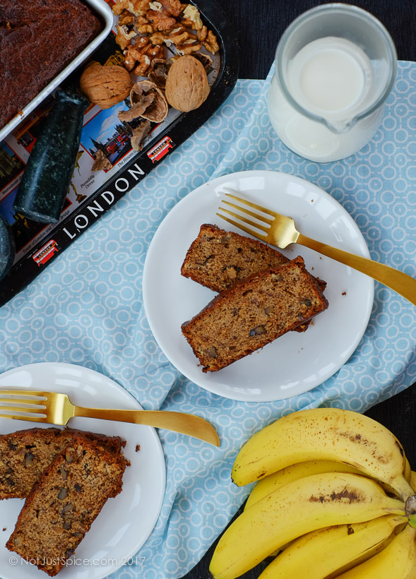 Scrummy Moist Classic Banana Walnut Loaf on notjustspice.com