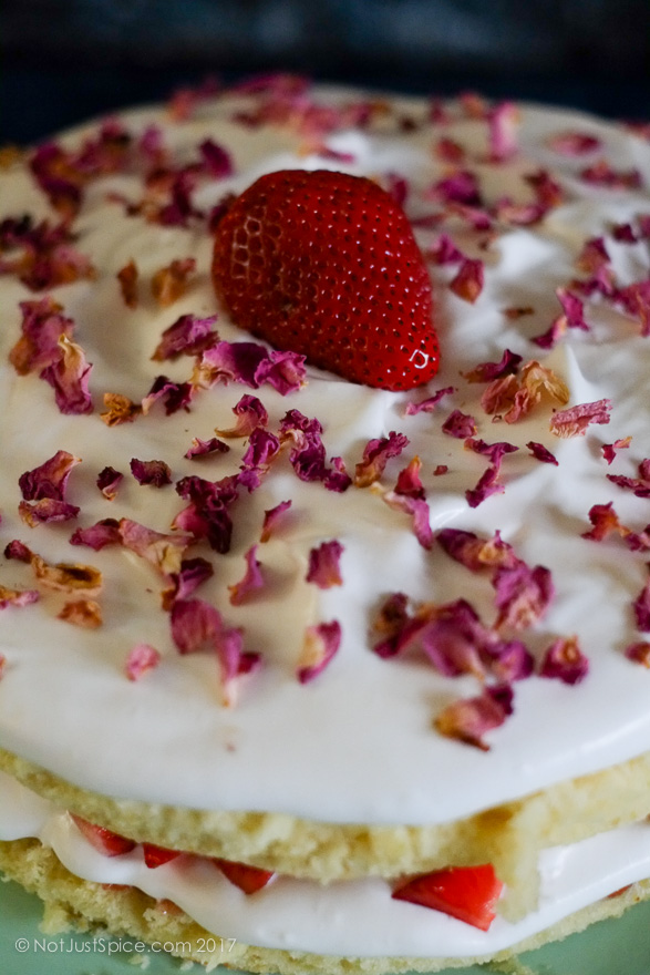 Strawberry Rose Jammy Cake with Rose Cream Filling on notjustspice.com