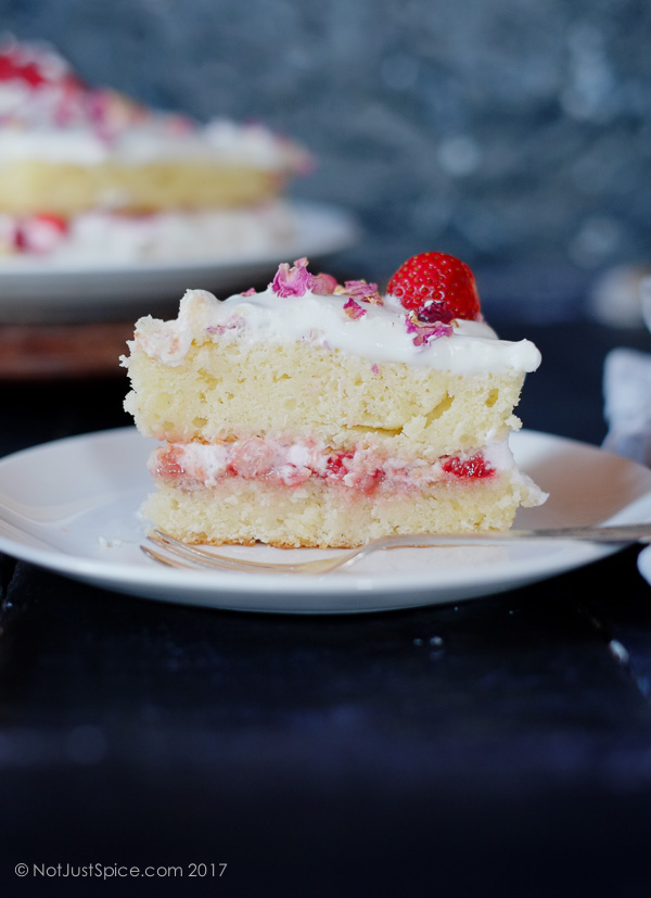 Strawberry Rose Jammy Cake with Rose Cream Filling on notjustspice.com
