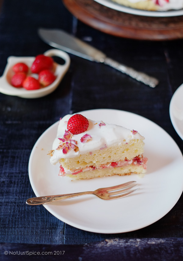 Strawberry Rose Jammy Cake with Rose Cream Filling on notjustspice.com