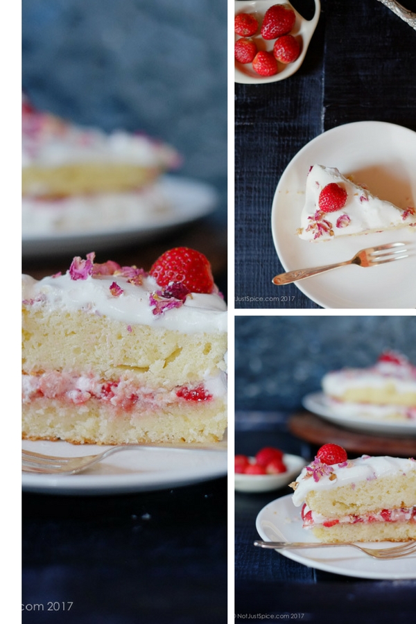 Strawberry Rose Jammy Cake with Rose Cream Filling on notjustspice.com