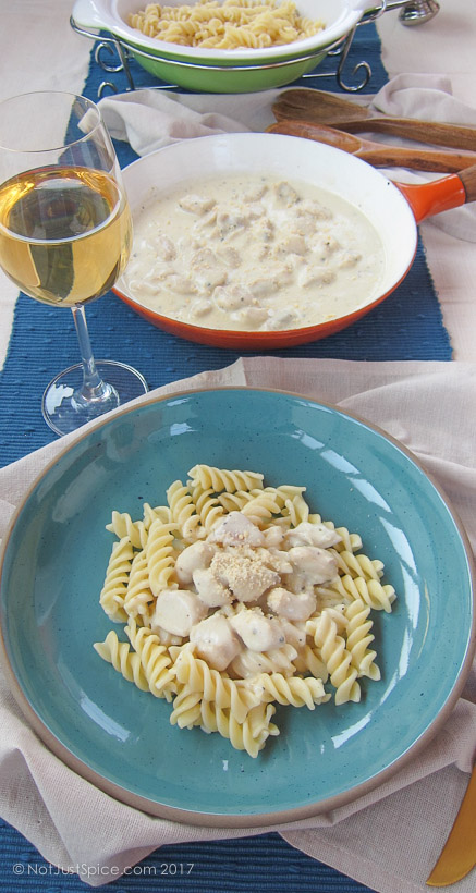White Sauce Chicken Pasta | Fusilli with White Sauce and Chicken on notjustspice.com